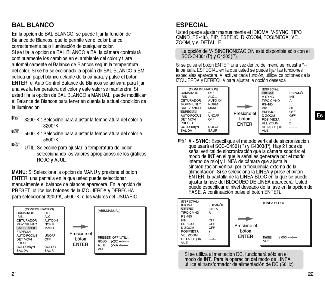 Samsung SCC-C4203AP, SCC-C4303AP manual BAL Blanco, Especial 