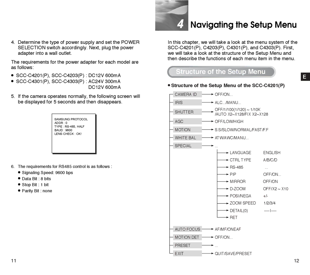 Samsung SCC-C4203AP, SCC-C4303AP manual Navigating the Setup Menu, Structure of the Setup Menu of the SCC-C4201P 