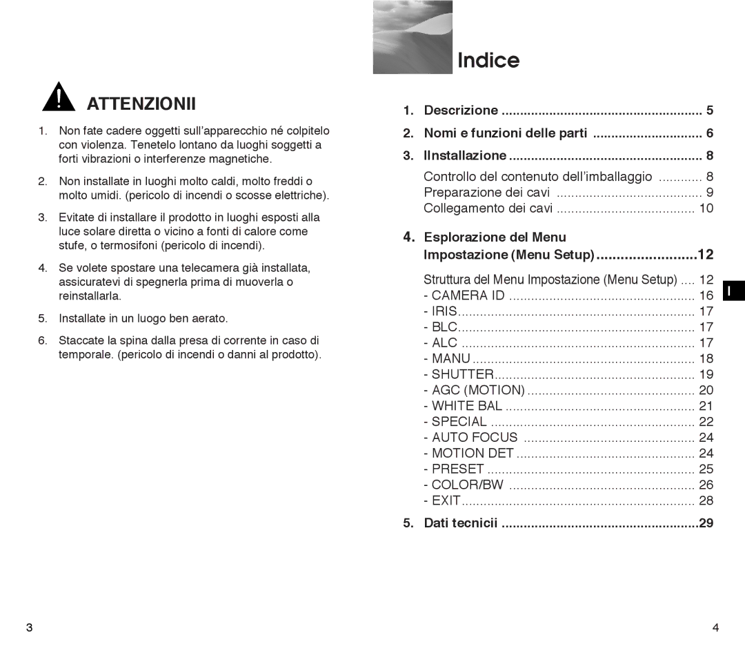 Samsung SCC-C4303AP, SCC-C4203AP manual Indice, Controllo del contenuto dell’imballaggio, Impostazione Menu Setup 