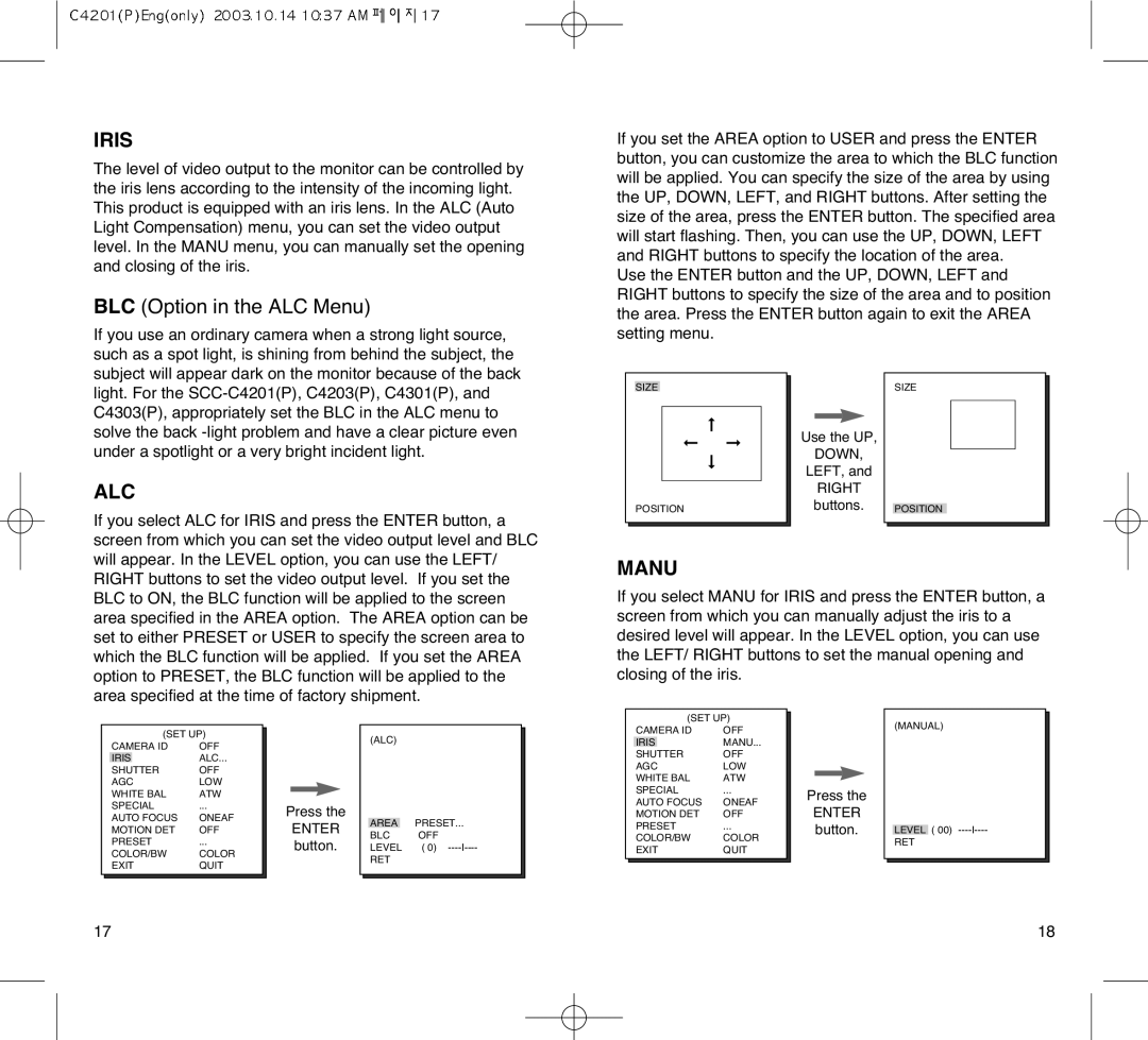 Samsung SCC-C4303AP, SCC-C4203AP manual Iris, Alc, Manu 