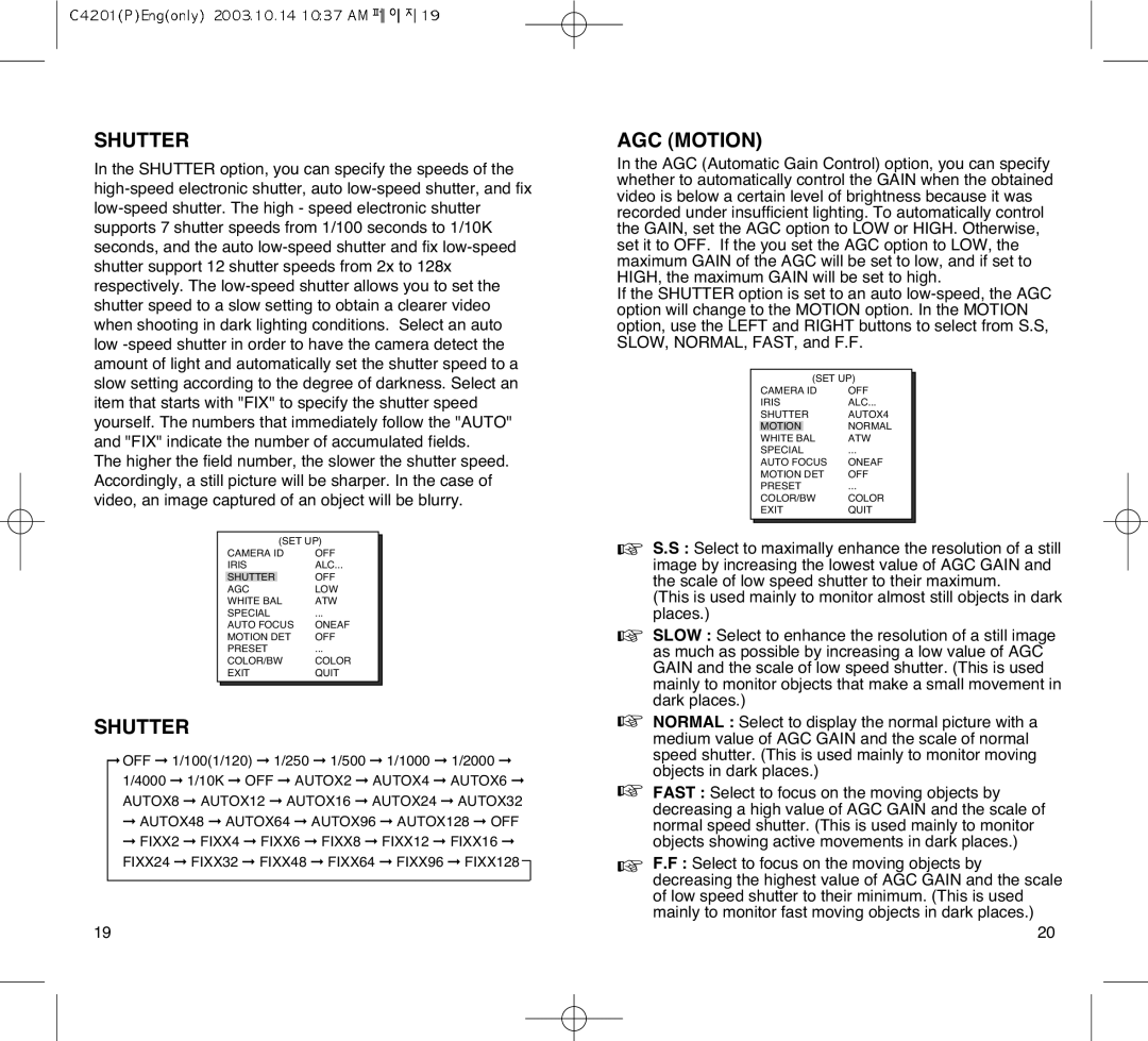 Samsung SCC-C4203AP, SCC-C4303AP manual Shutter, AGC Motion 