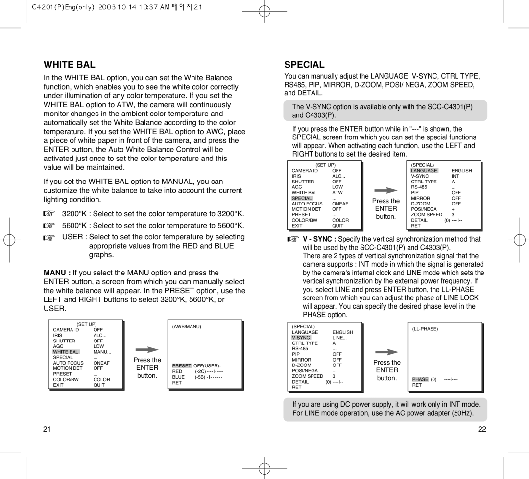 Samsung SCC-C4303AP, SCC-C4203AP manual White BAL, Special 