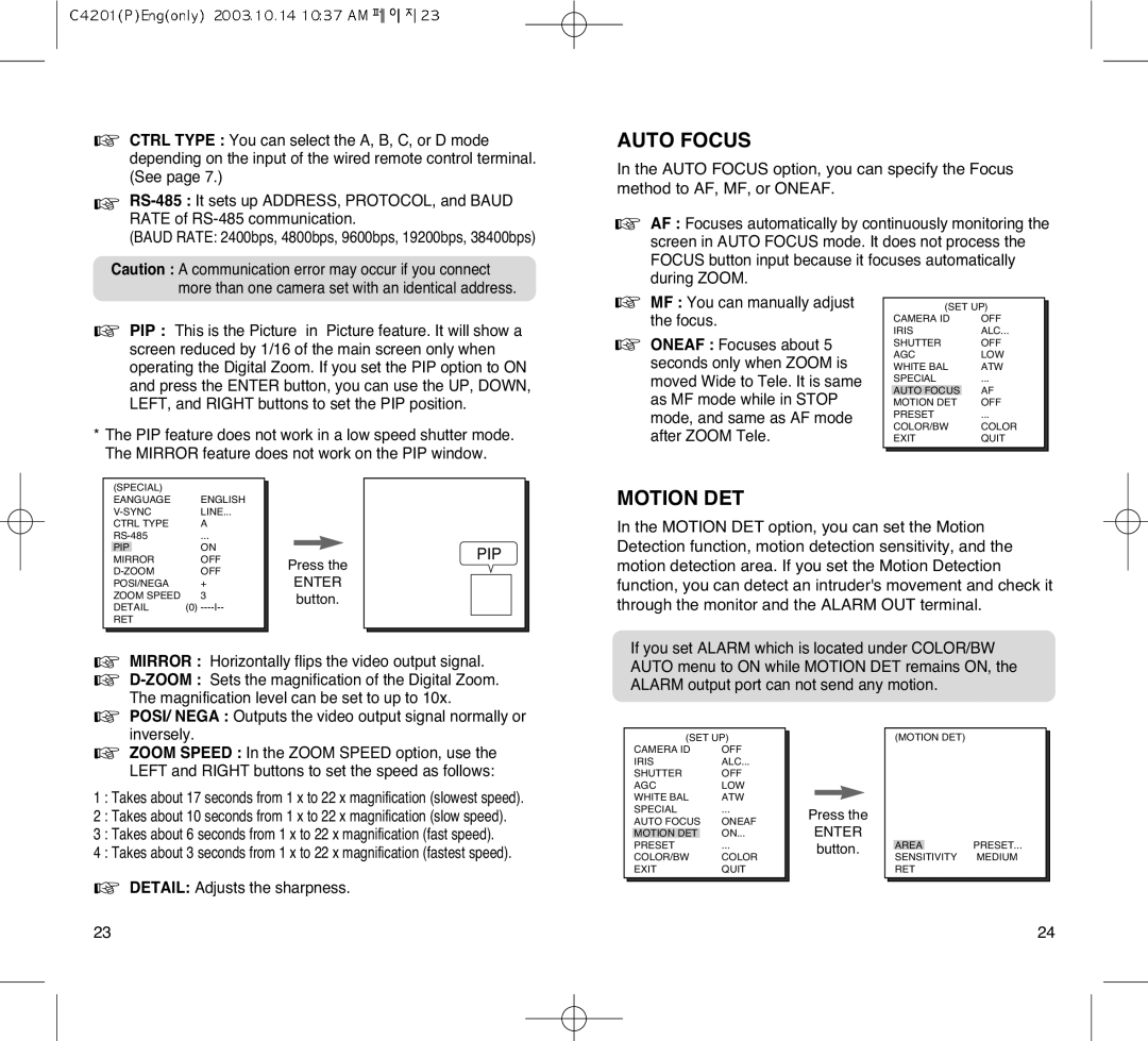 Samsung SCC-C4203AP, SCC-C4303AP manual Auto Focus, Motion DET, Mirror Horizontally flips the video output signal 