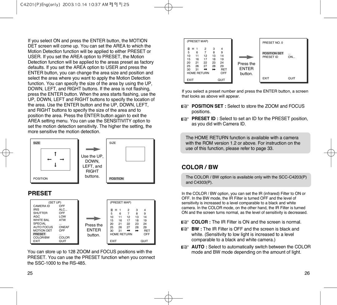 Samsung SCC-C4303AP, SCC-C4203AP manual Color / BW, Preset 