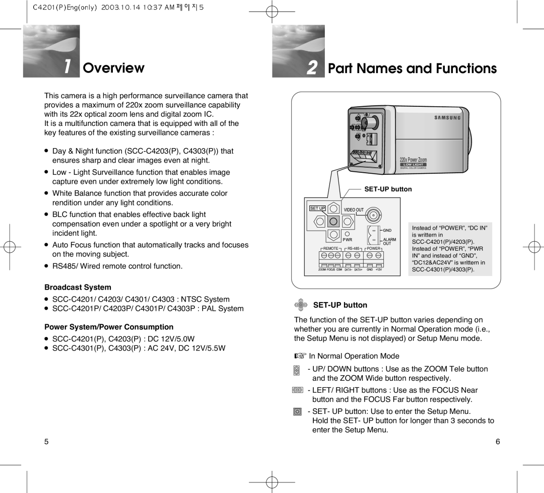 Samsung SCC-C4303AP Overview, Part Names and Functions, Broadcast System, Power System/Power Consumption, SET-UP button 