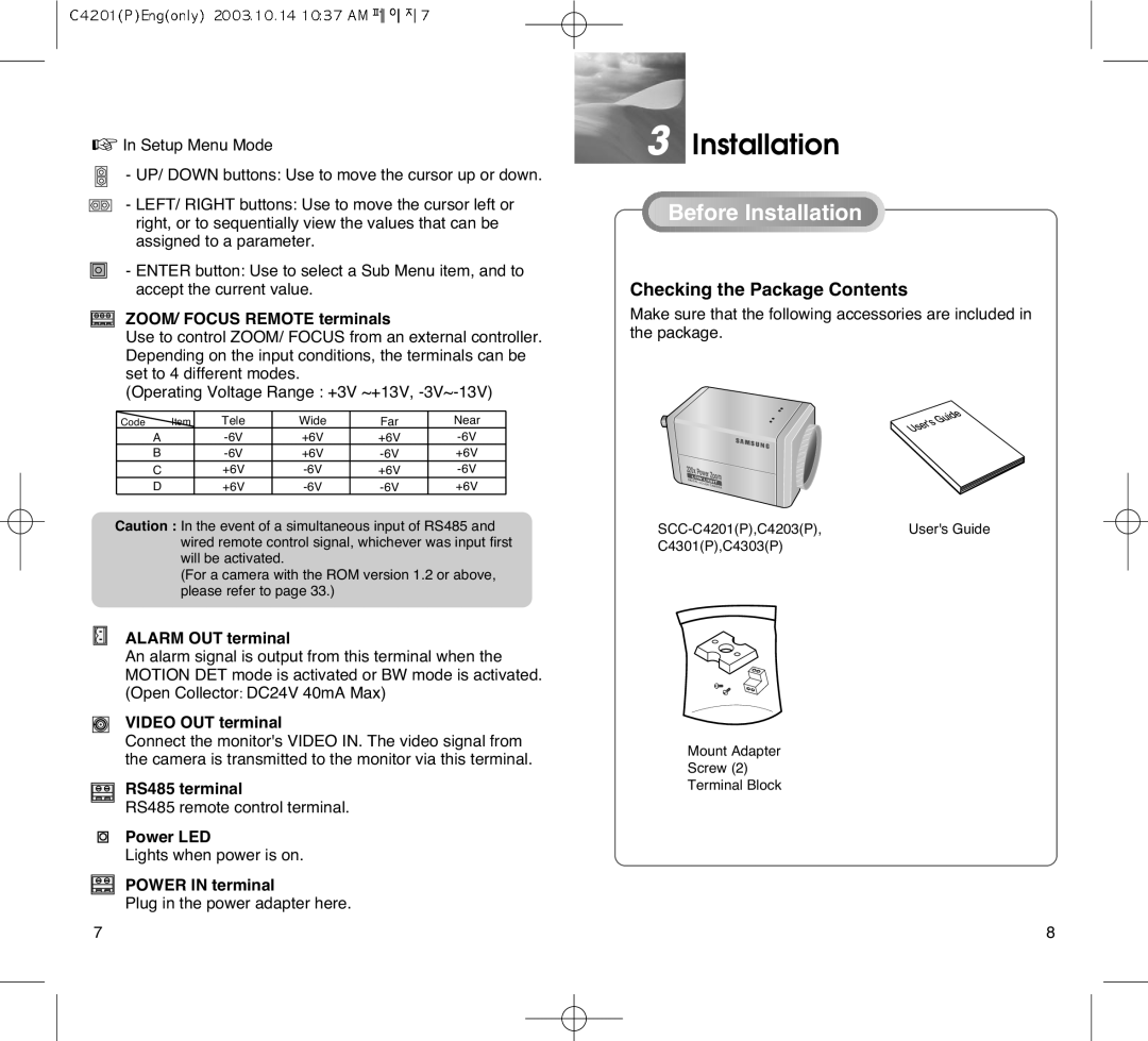 Samsung SCC-C4203AP, SCC-C4303AP manual Installation, Checking the Package Contents 