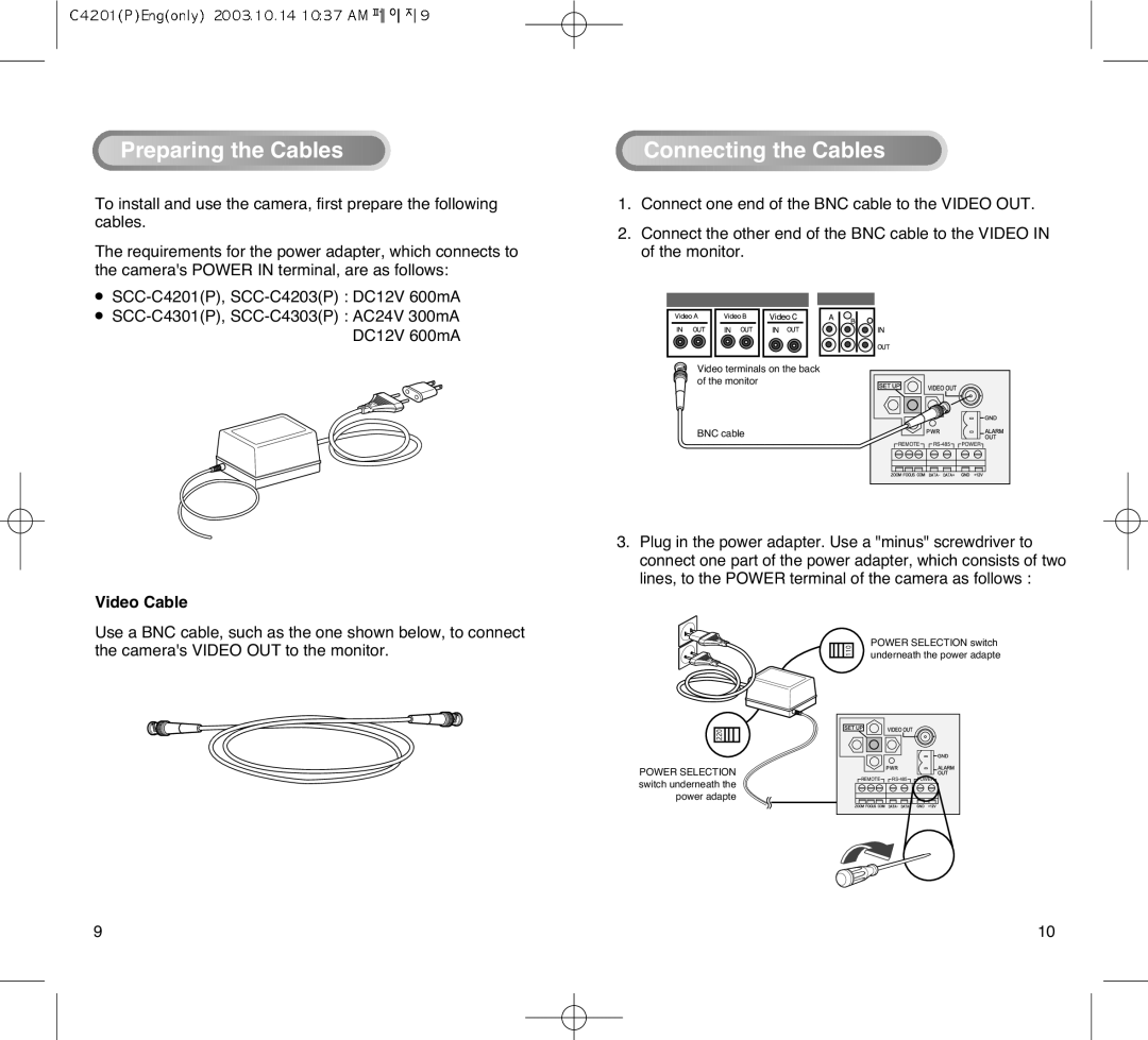 Samsung SCC-C4303AP, SCC-C4203AP manual Preparing the Cables, Video Cable 