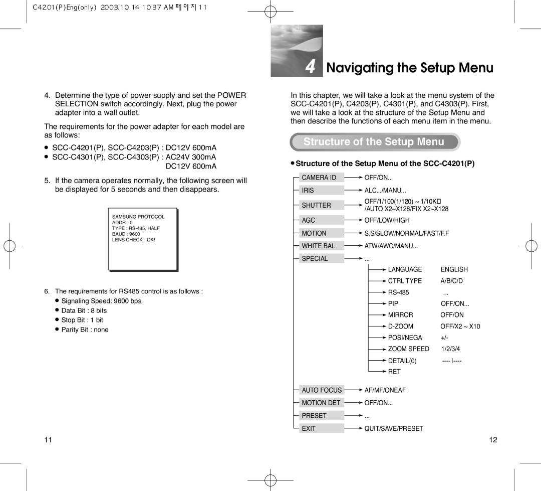 Samsung SCC-C4203AP, SCC-C4303AP manual Navigating the Setup Menu, Structure of the Setup Menu of the SCC-C4201P 