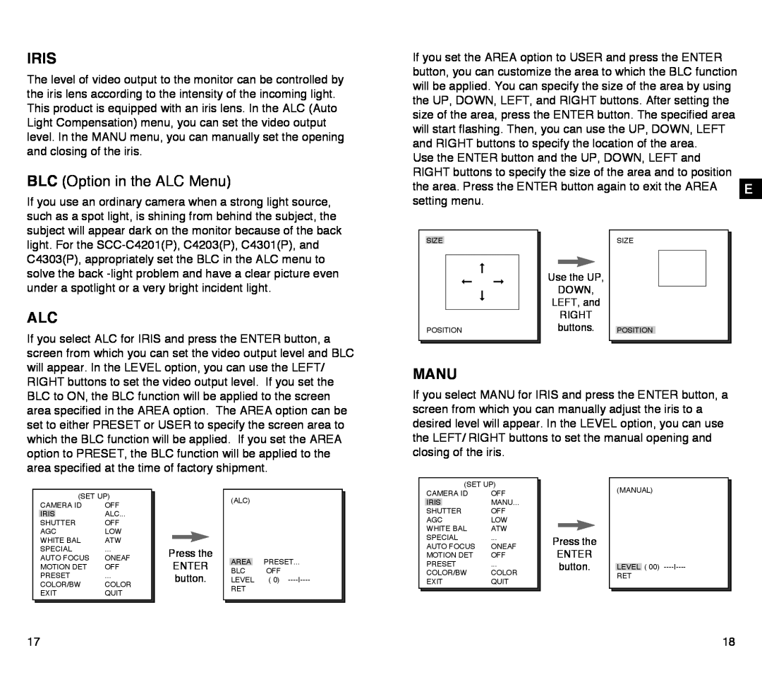 Samsung SCC-C4303AP, SCC-C4203AP manual Iris, BLC Option in the ALC Menu, Manu 