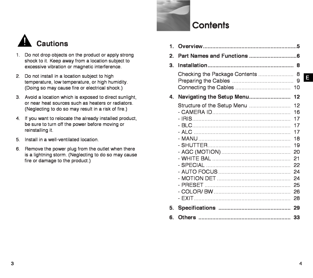 Samsung SCC-C4203AP manual Contents, Cautions, Overview, Part Names and Functions, Installation, Navigating the Setup Menu 