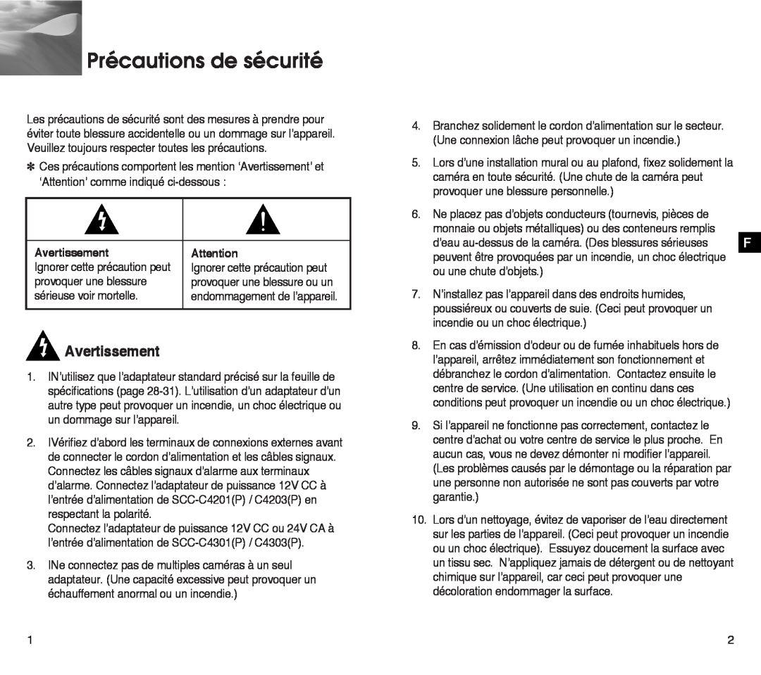 Samsung SCC-C4303AP, SCC-C4203AP manual Précautions de sécurité, Avertissement 