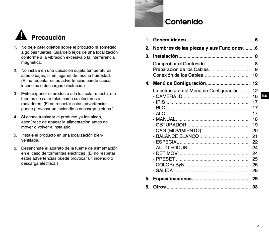 Samsung SCC-C4303AP manual Contenido, Precaución, Generalidades, Nombres de las piezas y sus Funciones, Instalación, Otros 