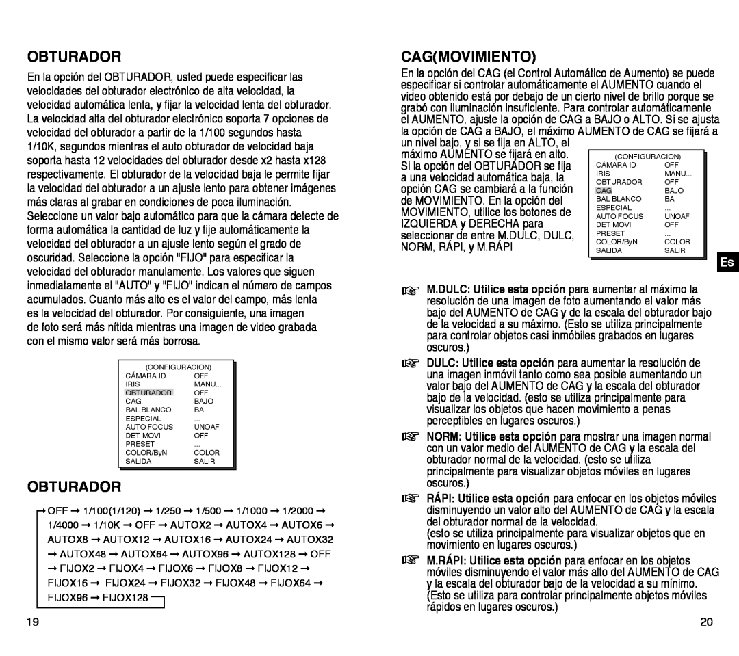 Samsung SCC-C4303AP, SCC-C4203AP manual Obturador, Cagmovimiento 