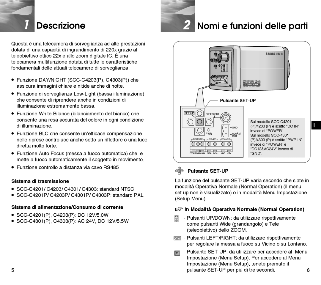 Samsung SCC-C4203AP, SCC-C4303AP manual Descrizione, Nomi e funzioni delle parti, Sistema di trasmissione, Pulsante SET-UP 