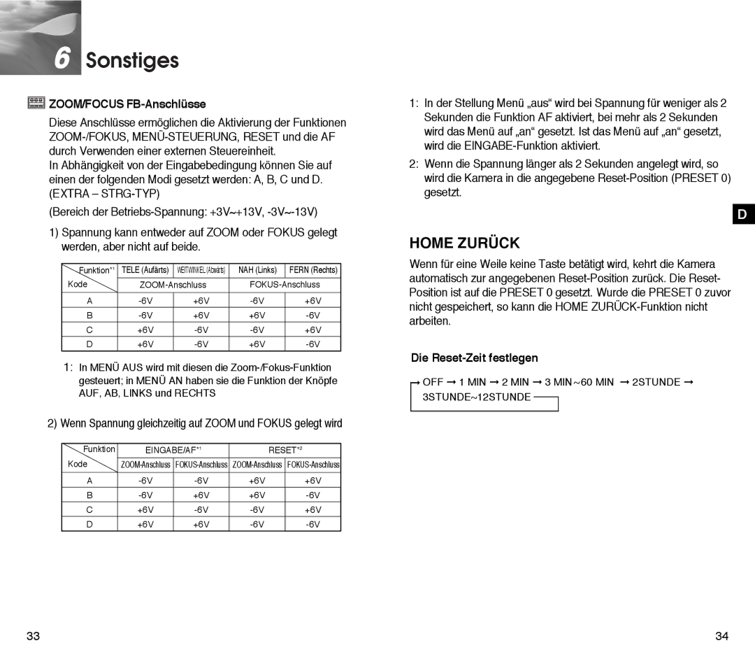 Samsung SCC-C4303AP, SCC-C4301P manual Sonstiges, Home Zurück, ZOOM/FOCUS FB-Anschlüsse, Die Reset-Zeit festlegen 