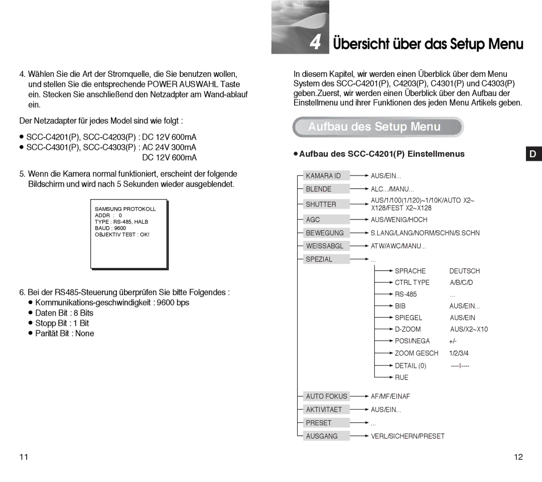 Samsung SCC-C4301P, SCC-C4303AP manual Übersicht über das Setup Menu, Aufbau des SCC-C4201P Einstellmenus 