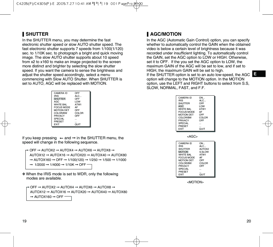 Samsung SCC-C4305(P) manual Shutter, Agc/Motion 