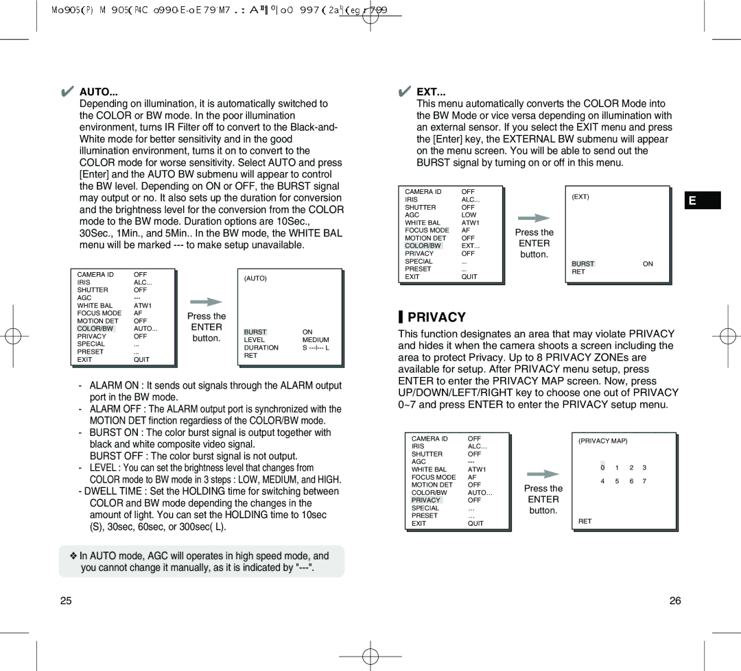 Samsung SCC-C4305(P) manual Privacy, Auto, Ext 