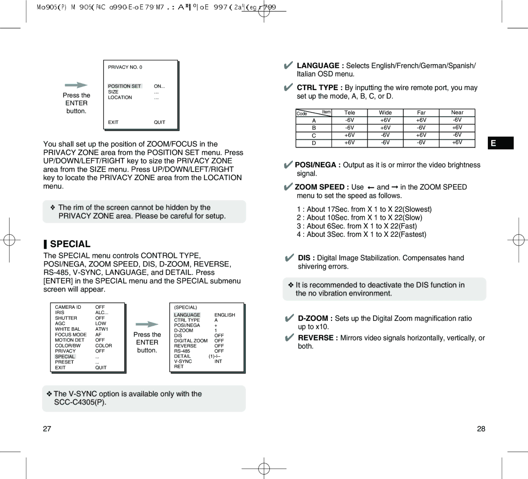 Samsung SCC-C4305(P) manual Special 