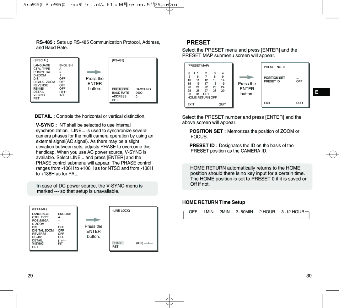 Samsung SCC-C4305(P) manual Preset, Home Return Time Setup 