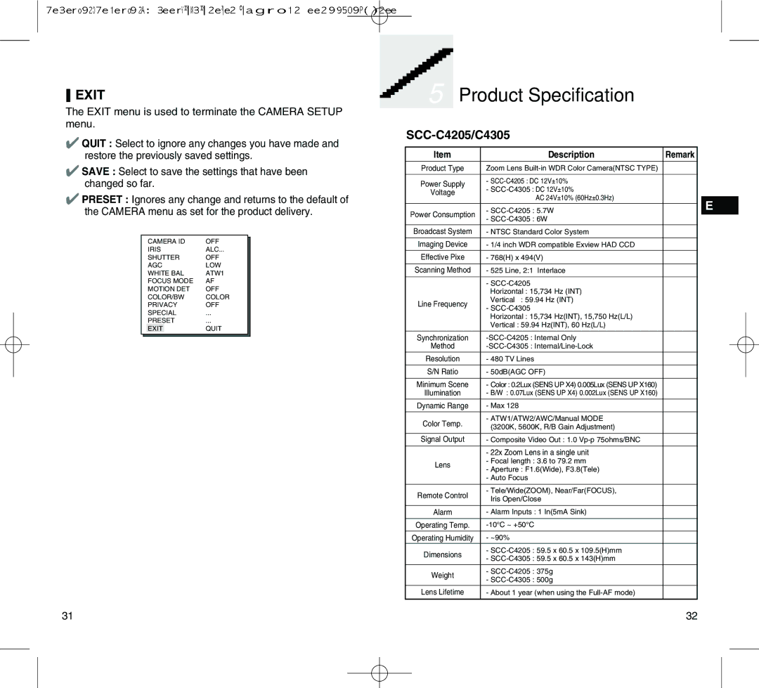 Samsung SCC-C4305(P) manual Product Specification, Exit, SCC-C4205/C4305 