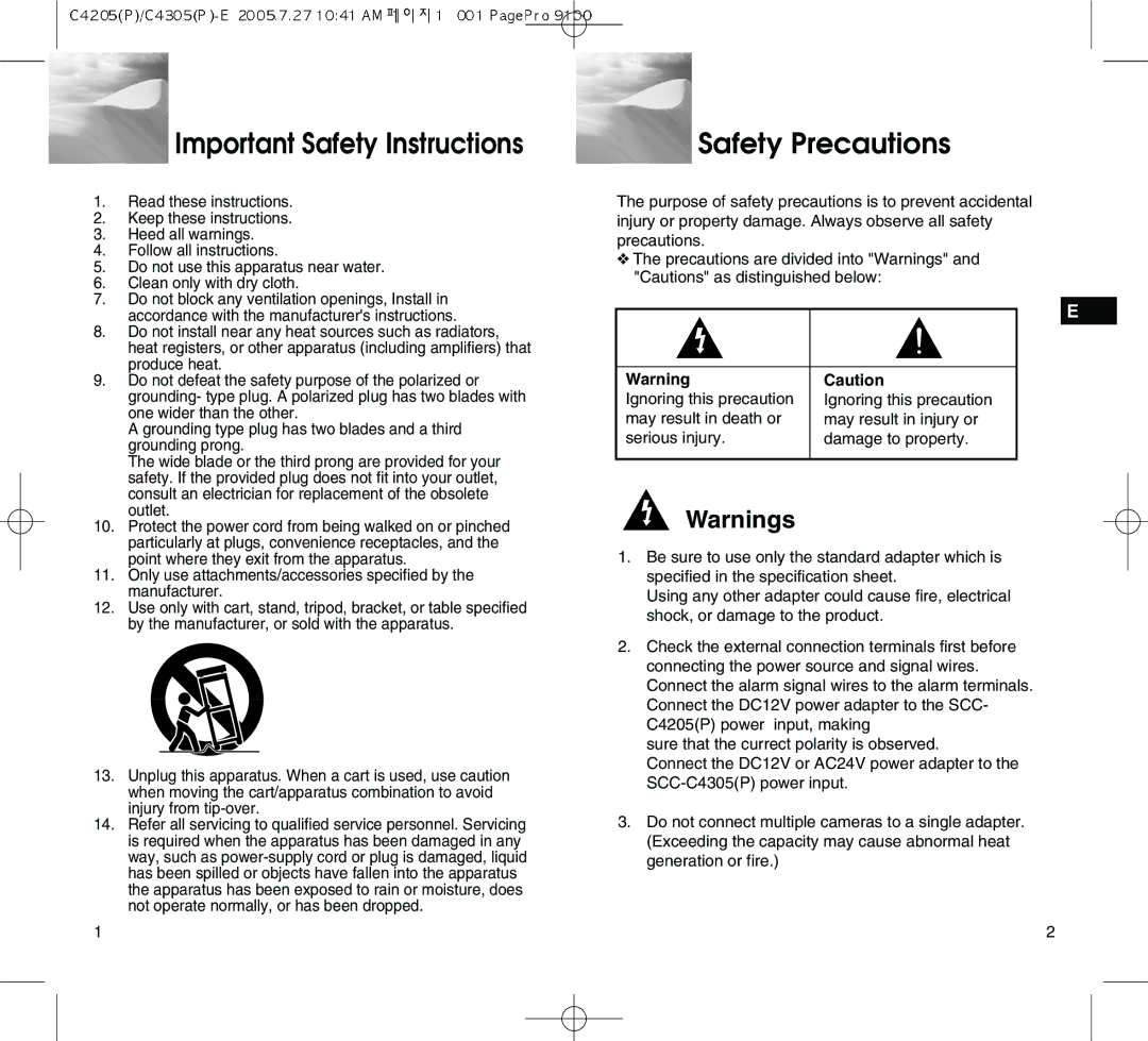 Samsung SCC-C4305(P) manual Important Safety Instructions, Safety Precautions 