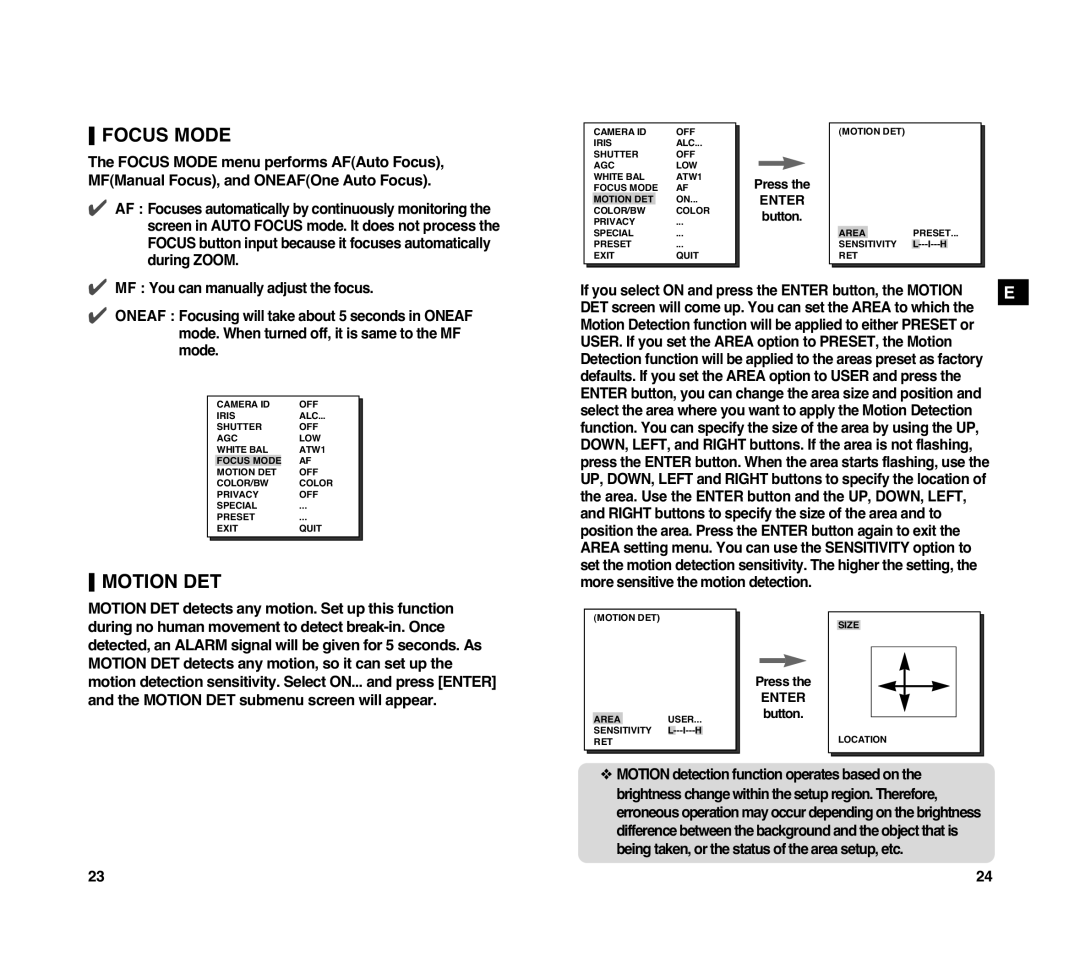 Samsung SCC-C4207P, SCC-C4307P manual Focus Mode, Motion DET 