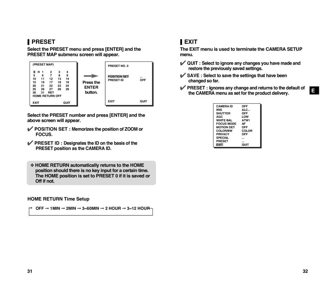 Samsung SCC-C4207P, SCC-C4307P manual Preset, Exit, Focus, Home Return Time Setup 