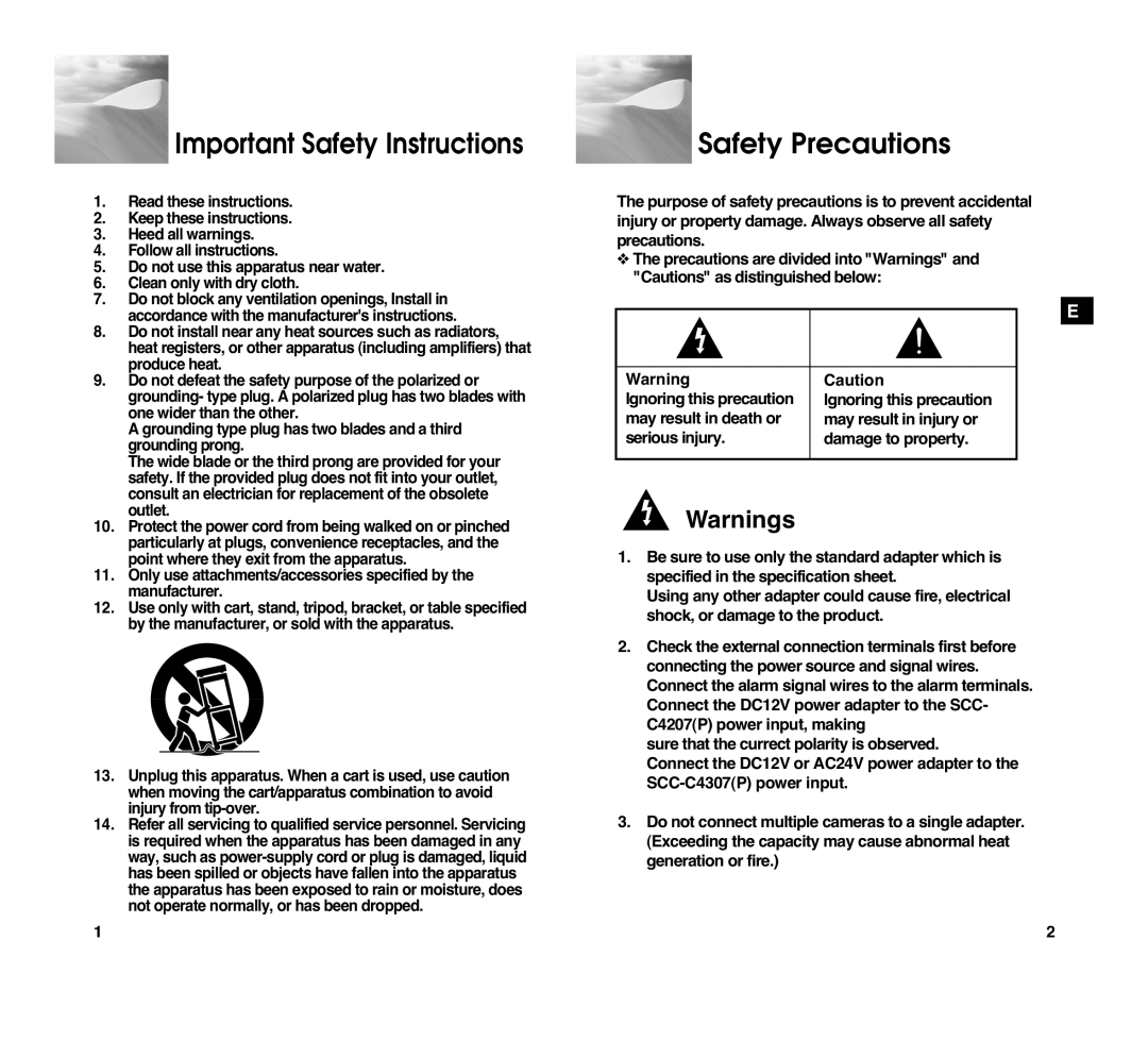 Samsung SCC-C4307P, SCC-C4207P manual Important Safety Instructions, Safety Precautions 