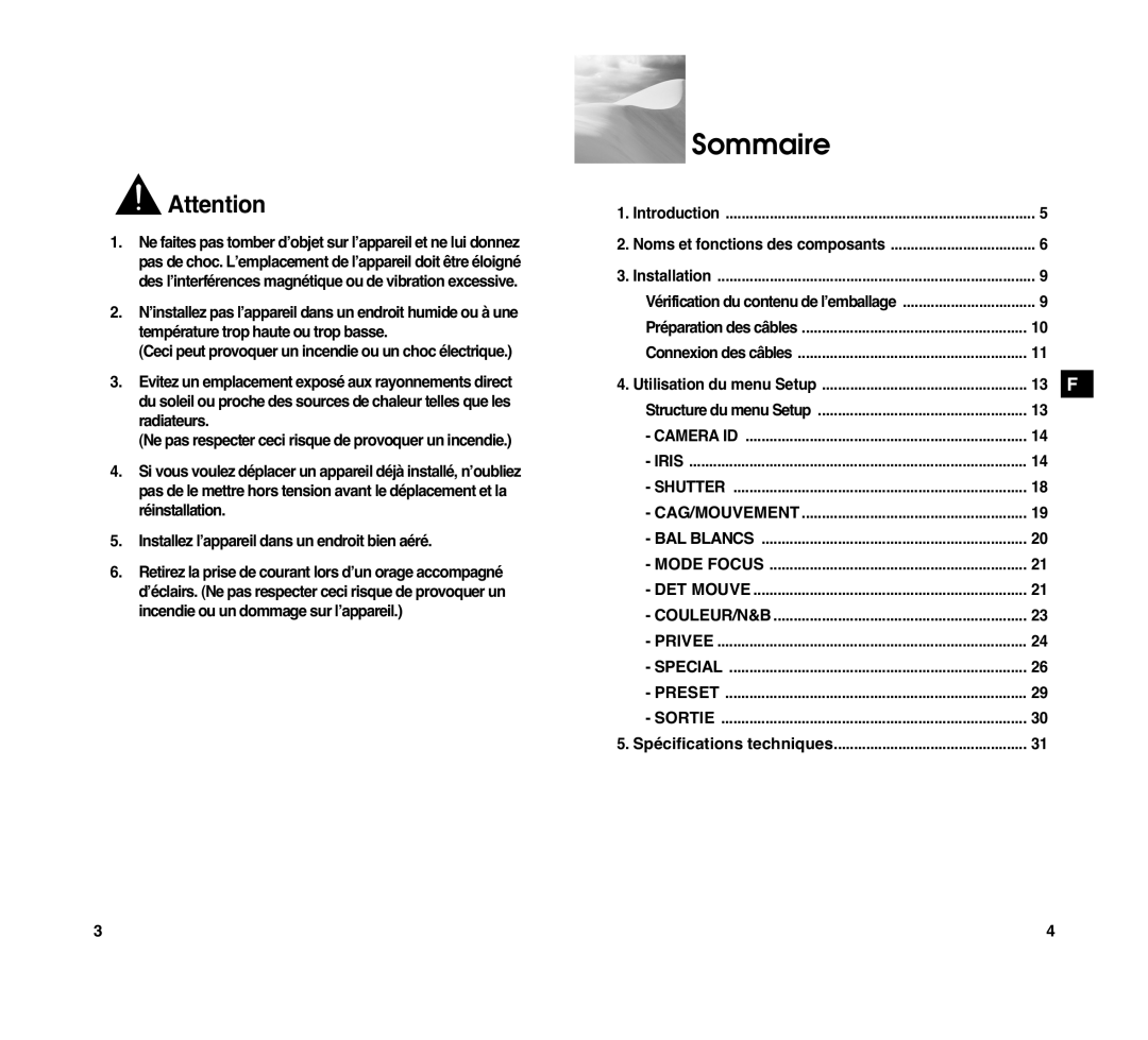 Samsung SCC-C4307P, SCC-C4207P manual Sommaire, Cag/Mouvement, Mode Focus 