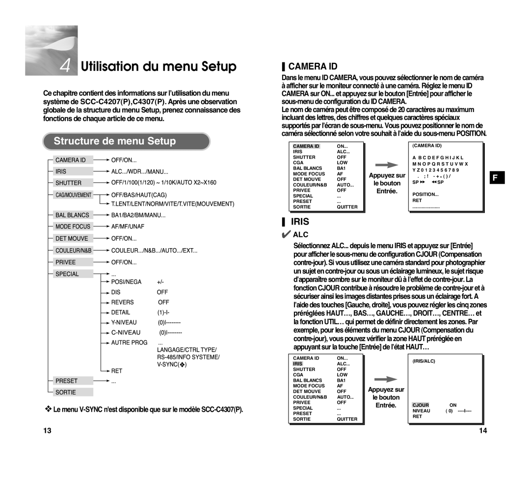 Samsung SCC-C4207P, SCC-C4307P manual Utilisation du menu Setup, Structure de menu Setup, Appuyez sur Le bouton Entrée 