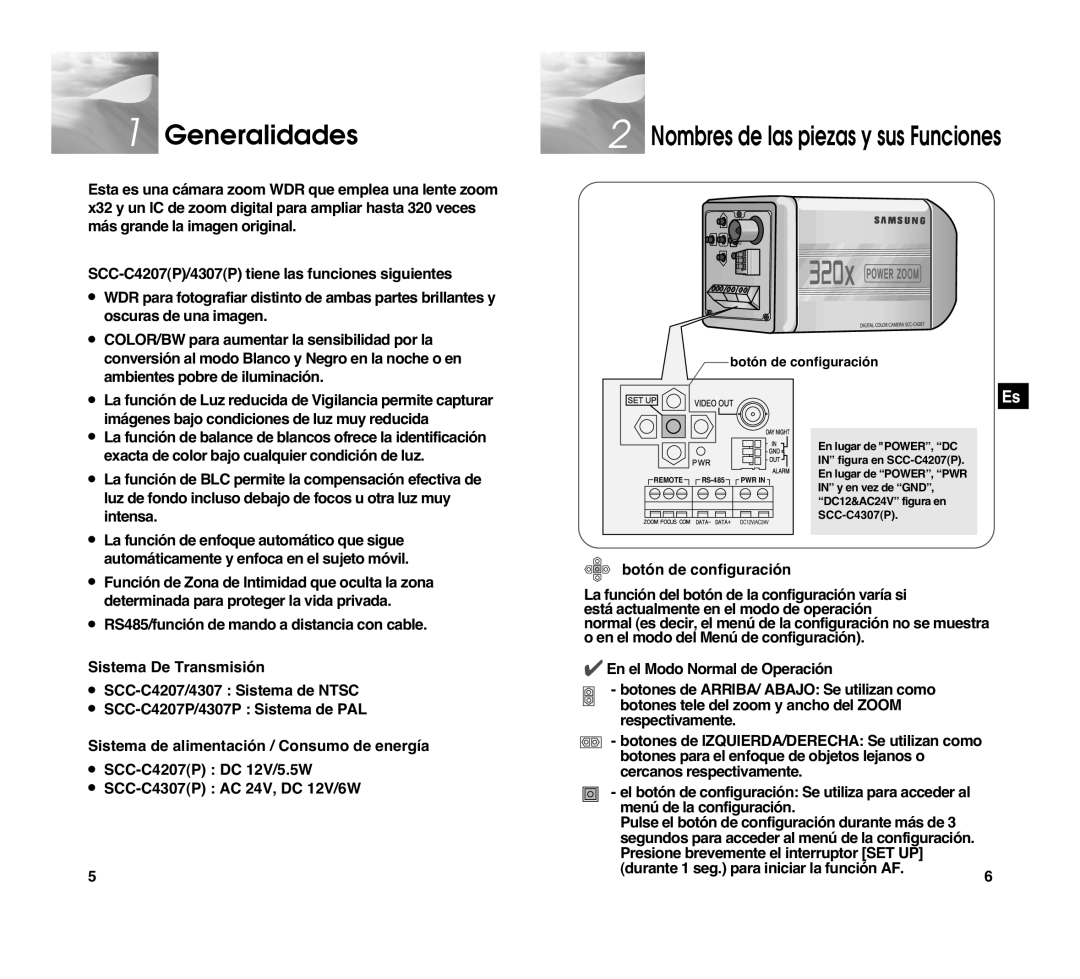 Samsung SCC-C4207P, SCC-C4307P manual Generalidades, Sistema De Transmisión, Sistema de alimentación / Consumo de energía 