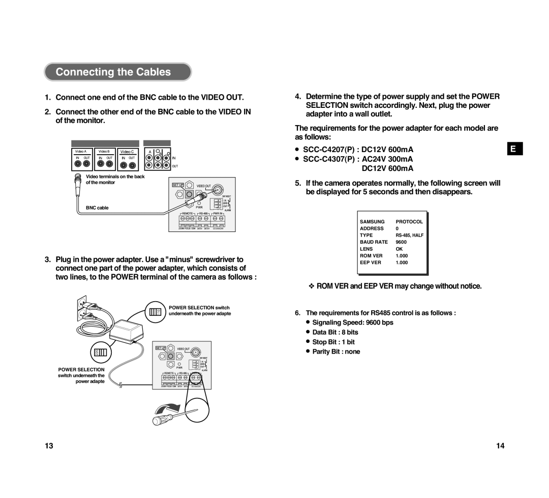 Samsung SCC-C4307P, SCC-C4207P manual Connecting the Cables, ROM VER and EEP VER may change without notice 