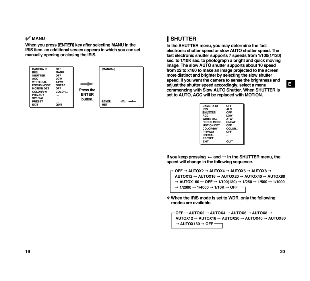 Samsung SCC-C4307P manual Shutter, Manu 