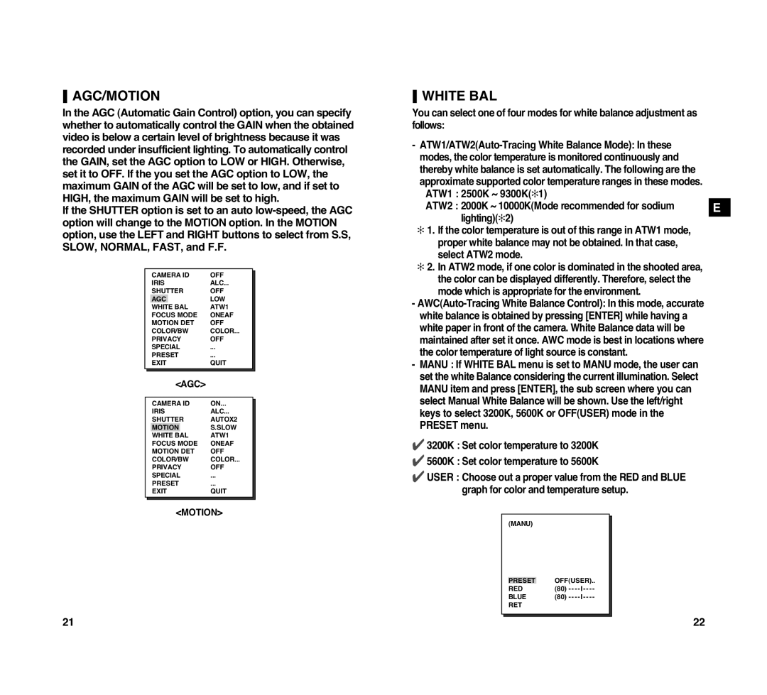 Samsung SCC-C4307P manual Agc/Motion, White BAL 