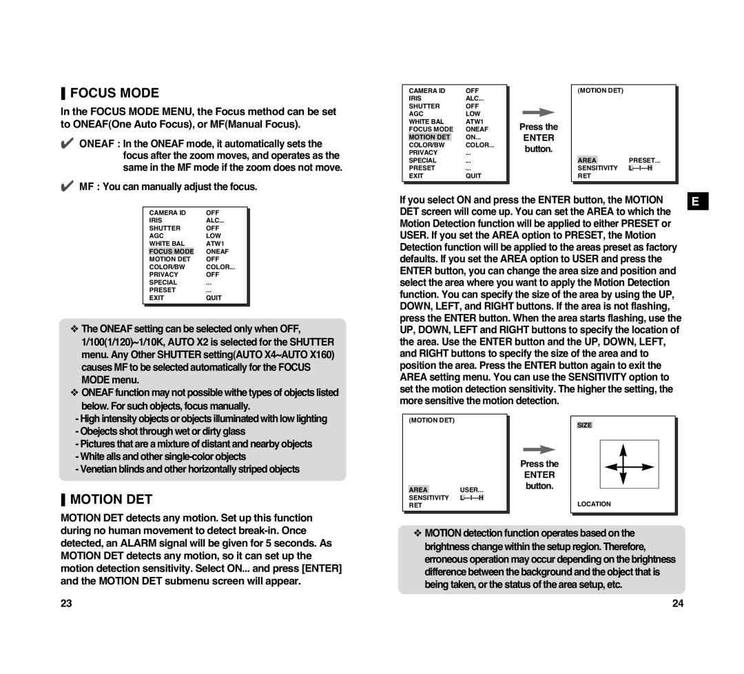 Samsung SCC-C4307P manual Focus Mode, Motion DET 