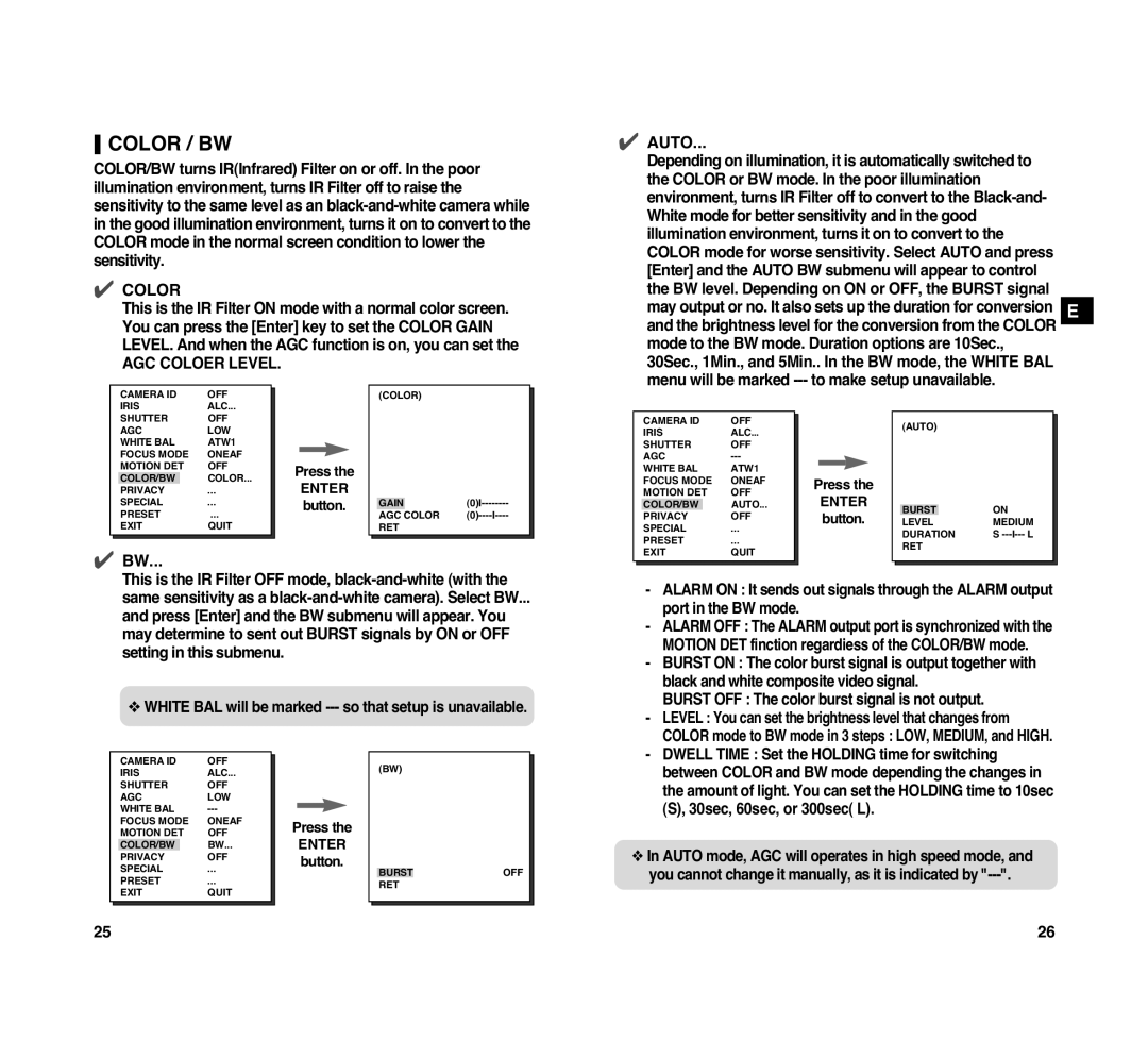 Samsung SCC-C4307P manual Color / BW, AGC Coloer Level, Auto 