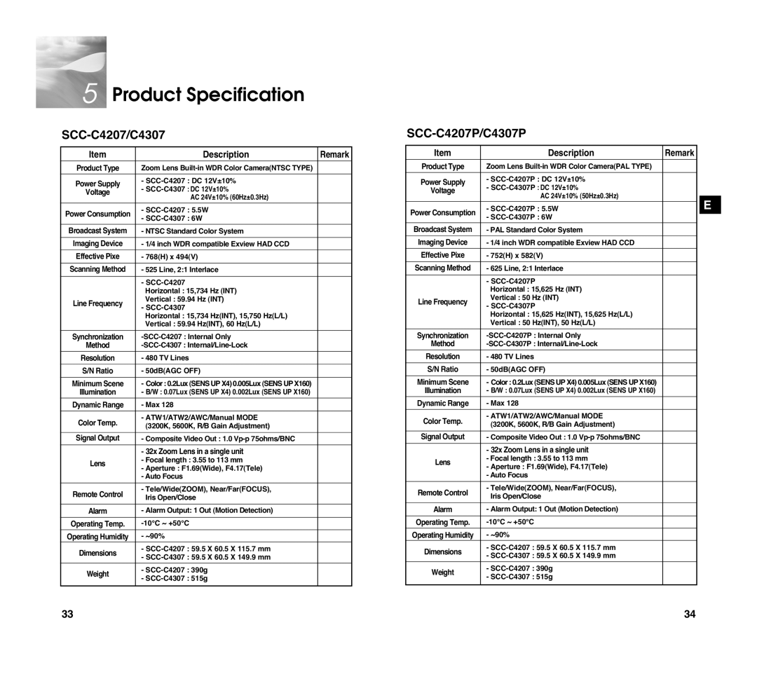 Samsung SCC-C4307P manual Product Specification, SCC-C4207/C4307 