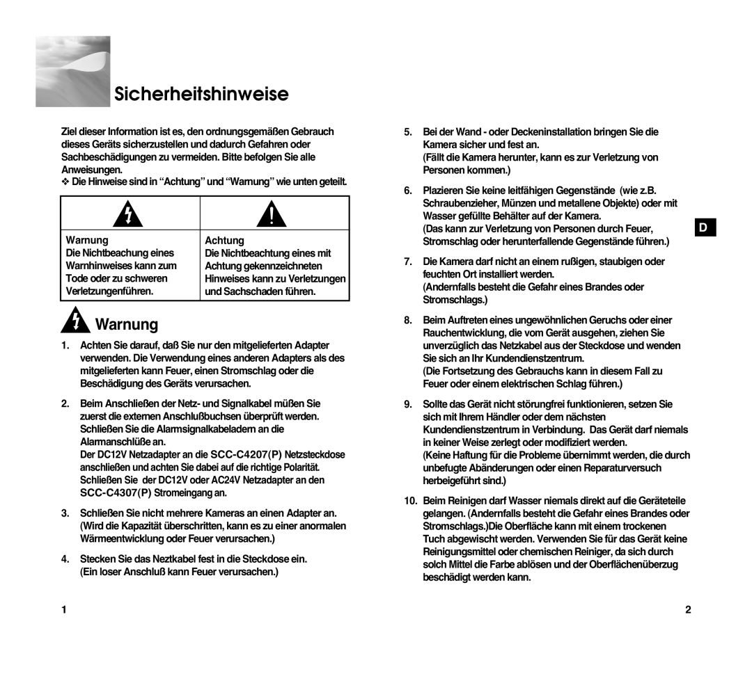 Samsung SCC-C4307P manual Sicherheitshinweise, Warnung, Achtung 