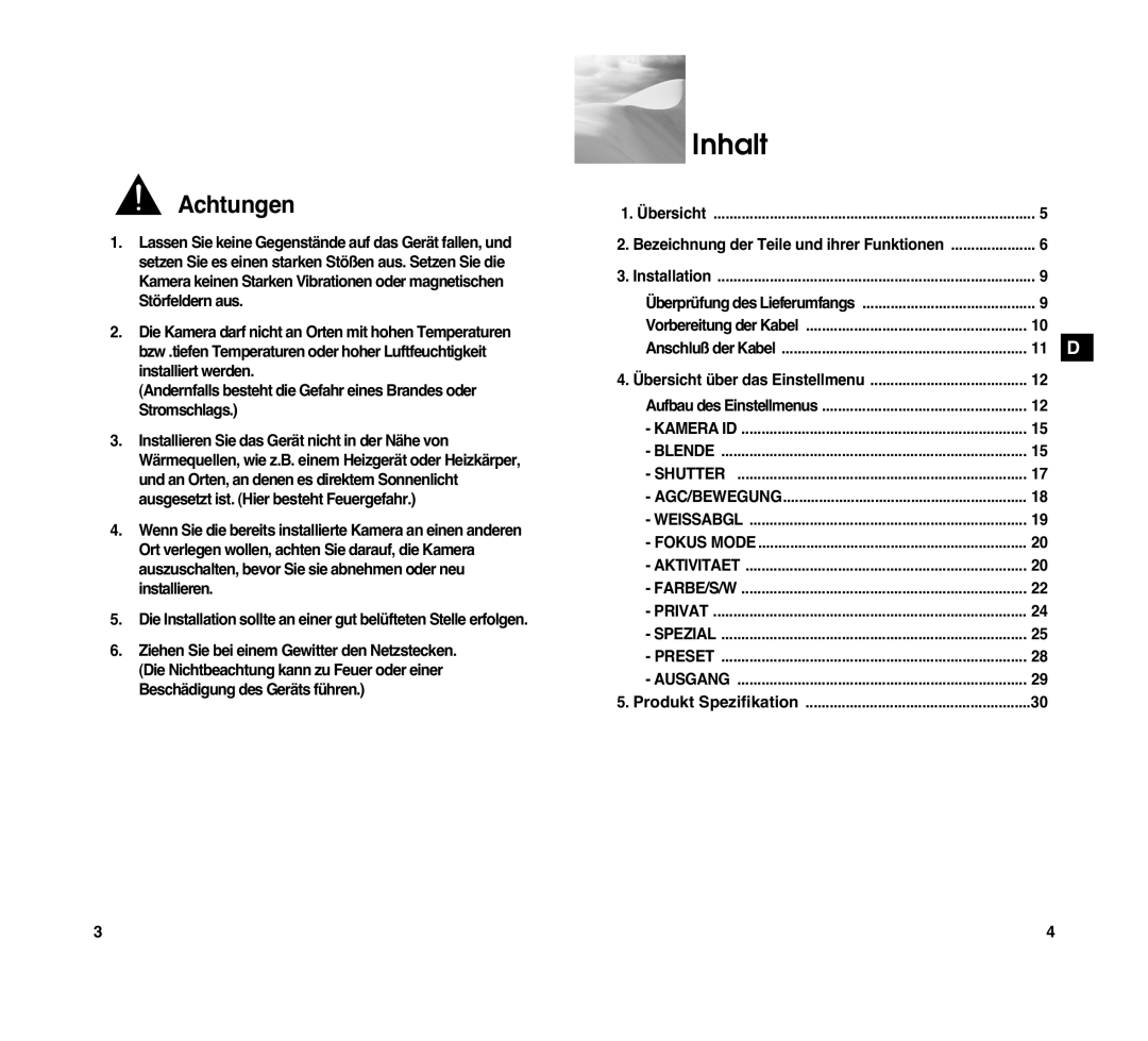 Samsung SCC-C4307P manual Inhalt, Aufbau des Einstellmenus 