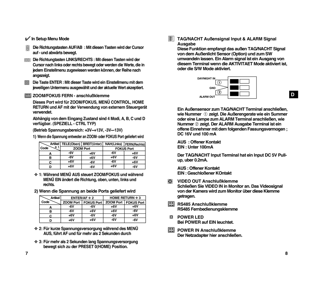 Samsung SCC-C4307P manual ZOOM/FOKUS Fern anschlußklemme, TAG/NACHT Außensignal Input & Alarm Signal Ausgabe 