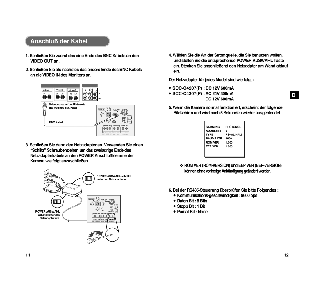 Samsung SCC-C4307P manual Anschluß der Kabel 