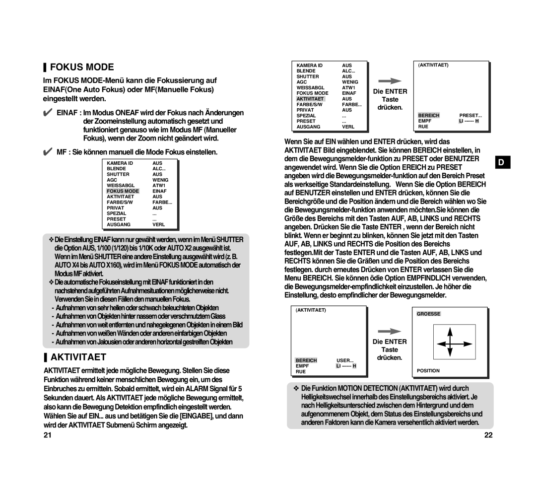 Samsung SCC-C4307P manual Fokus Mode, Aktivitaet, Der Zoomeinstellung automatisch gesetzt und 