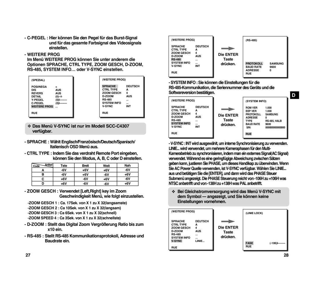 Samsung SCC-C4307P manual Weitere Prog, Das Menü V-SYNC ist nur im Modell SCC-C4307 verfügbar 