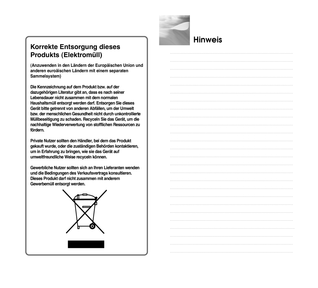 Samsung SCC-C4307P manual Hinweis, Korrekte Entsorgung dieses Produkts Elektromüll 