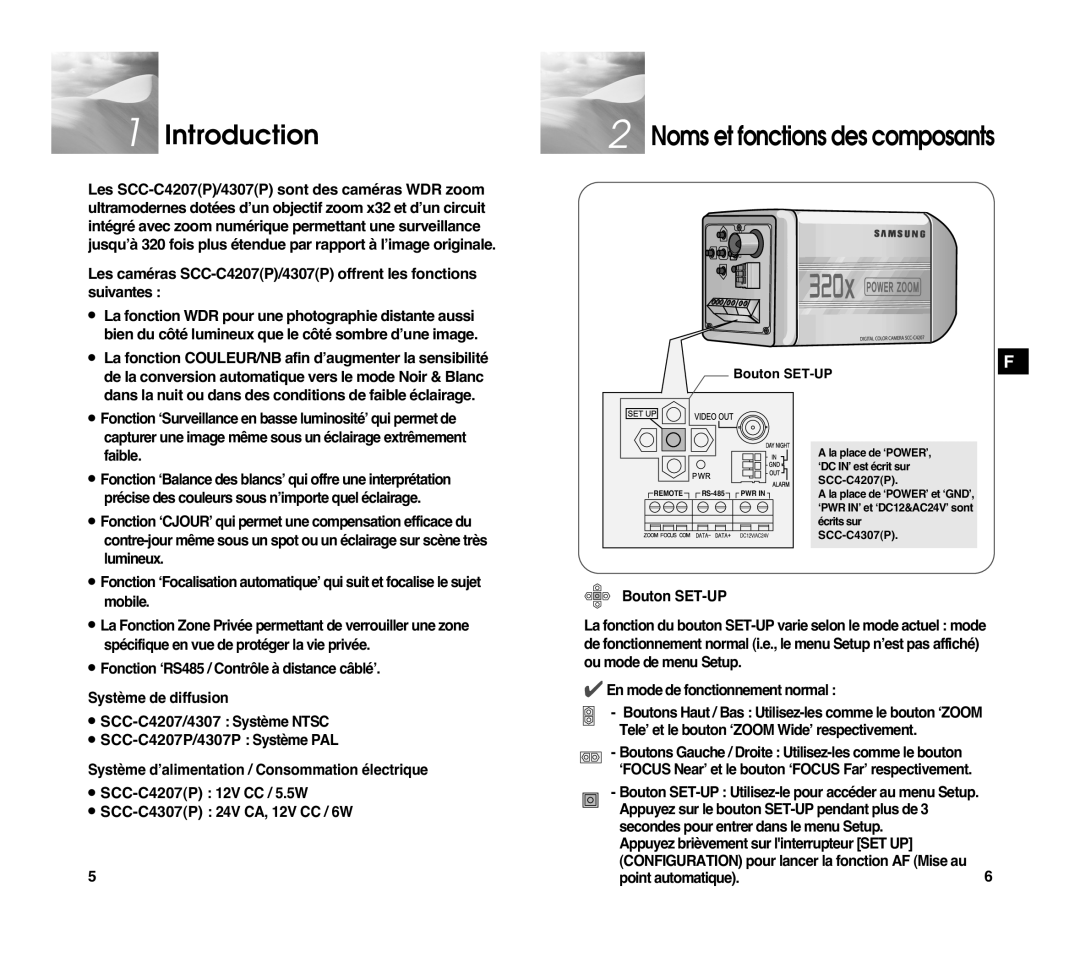 Samsung SCC-C4307P Introduction, Système de diffusion, Système d’alimentation / Consommation électrique, Bouton SET-UP 