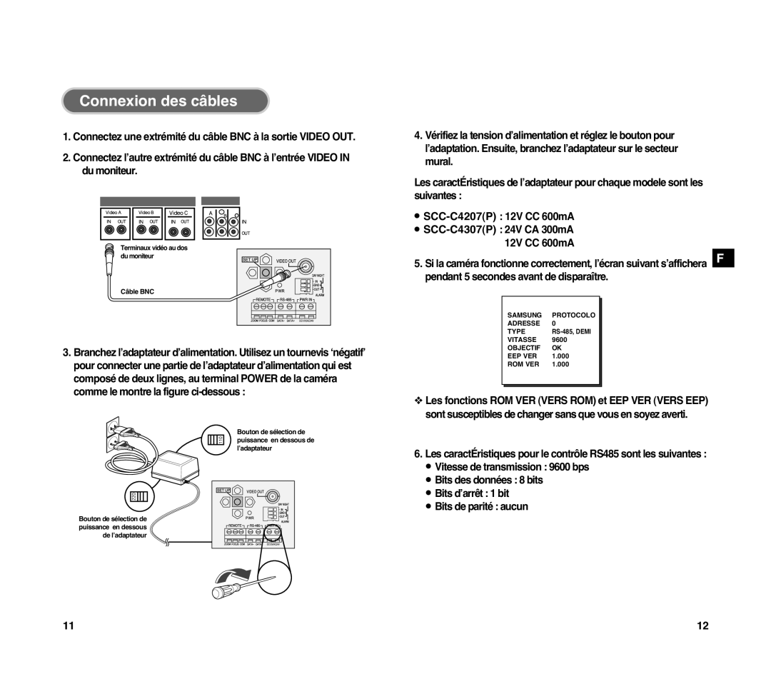 Samsung SCC-C4307P manual Connexion des câbles 