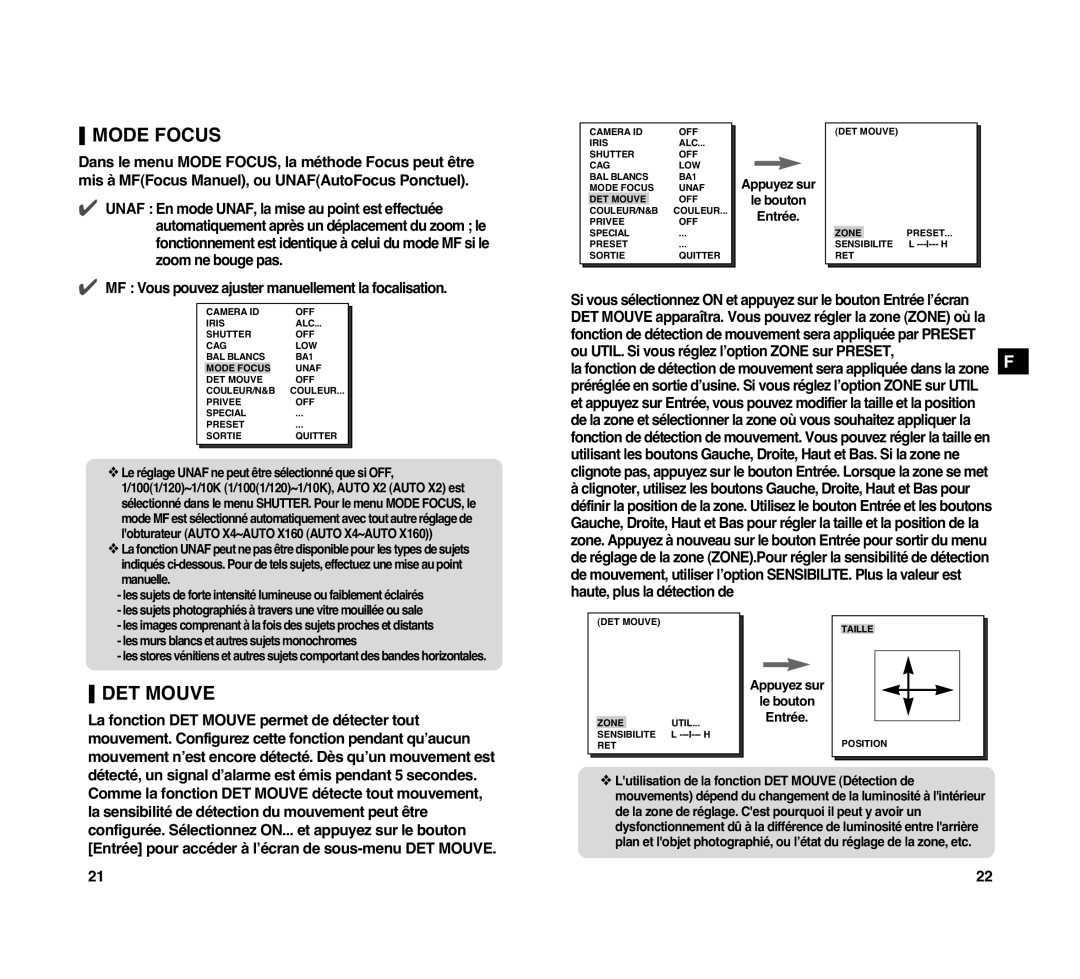 Samsung SCC-C4307P manual Mode Focus, DET Mouve, Zoom ne bouge pas 