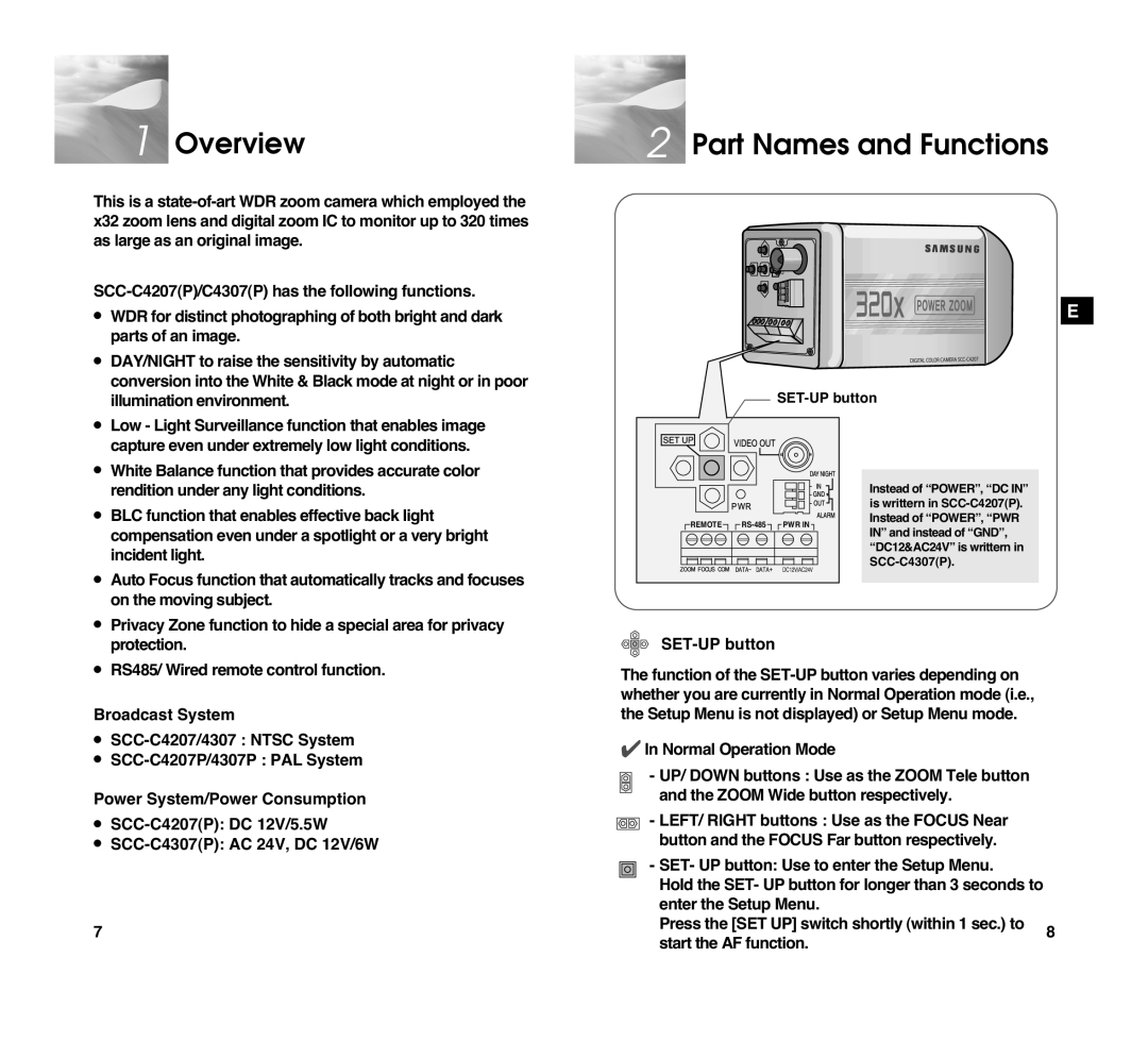 Samsung SCC-C4307P Overview, Part Names and Functions, Broadcast System, Power System/Power Consumption, SET-UP button 