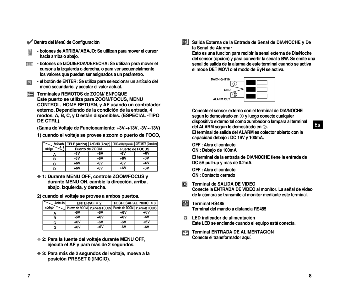 Samsung SCC-C4307P manual Terminales Remotos de ZOOM/ Enfoque, Terminal de Salida DE Video, LED indicador de alimentación 